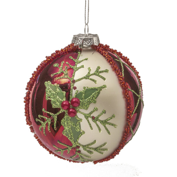 Glass Ball W/Holy Leaf Red/Gold