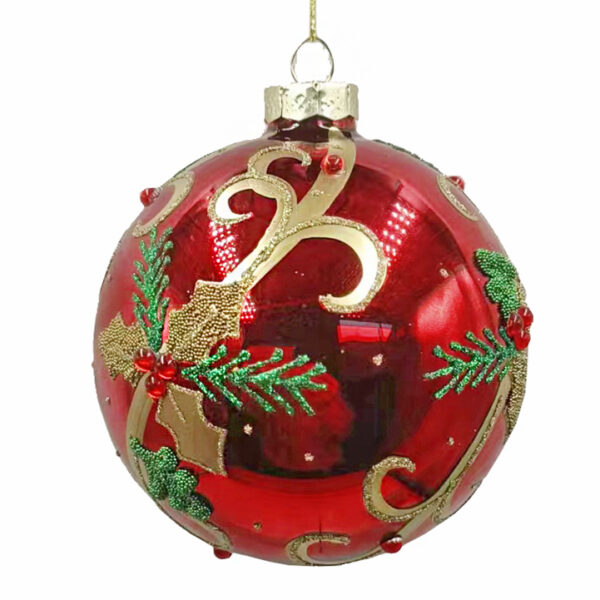 Glass Ball Gold Holly Leaf  Red/Gold