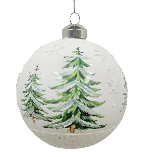 Glass Ball White W/Green Tree