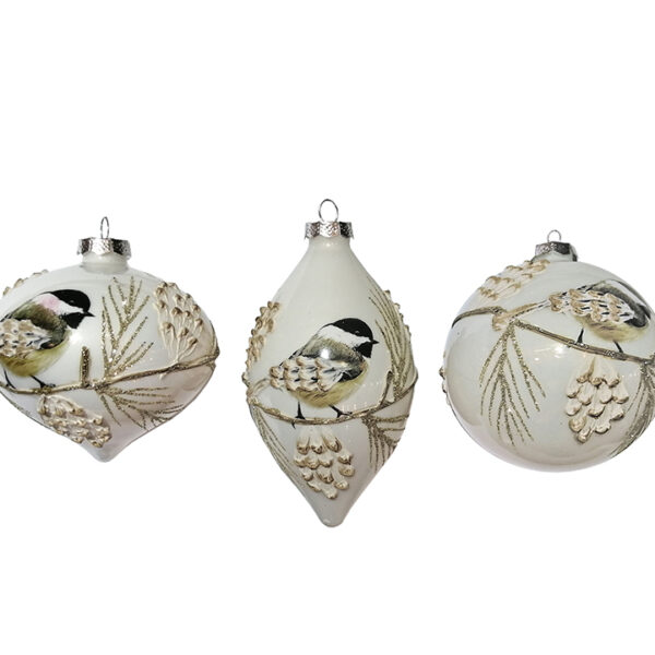 Glass Ornament 3 Style Birds Design Cream Clr
