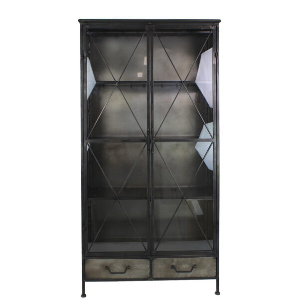 Vintage Μεταλλική Βιτρίνα γυάλινη πόρτα & 2 συρτάρια 92x39.5x181cm